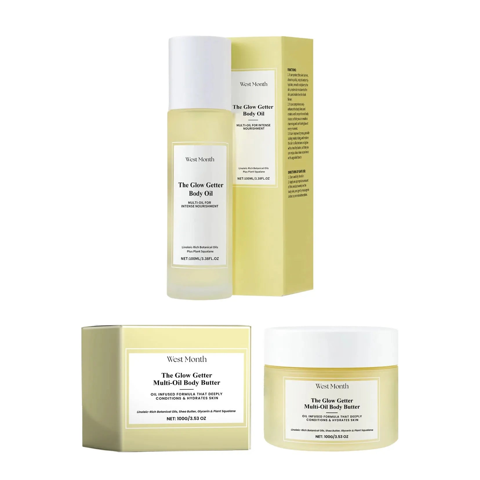 Nourishing and firming body care kit with 100ml skincare oil and 100g moisturising cream