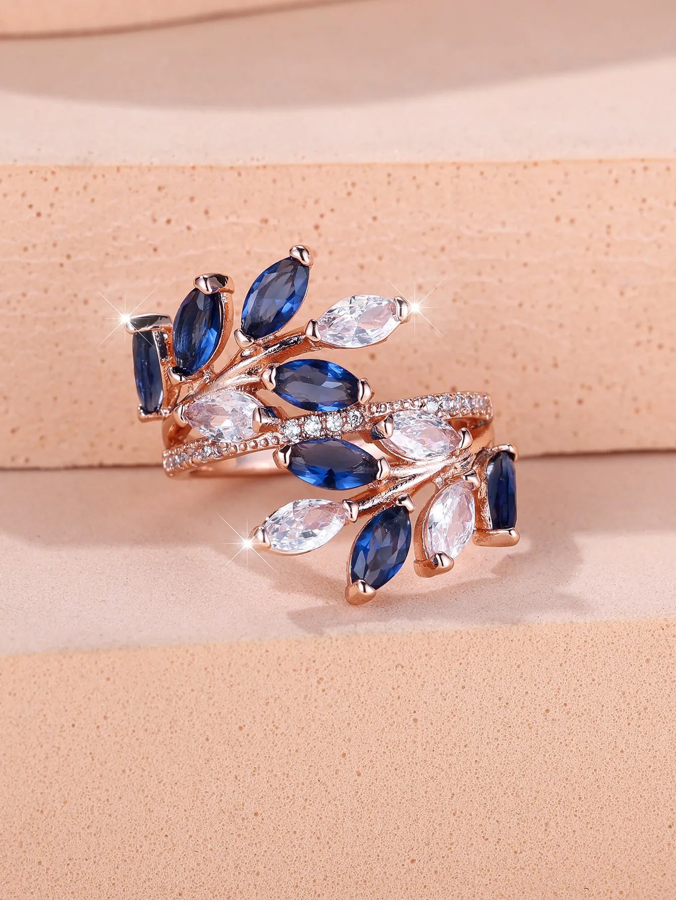 Adjustable copper leaf ring with horse eye zircon stone in multiple colour options