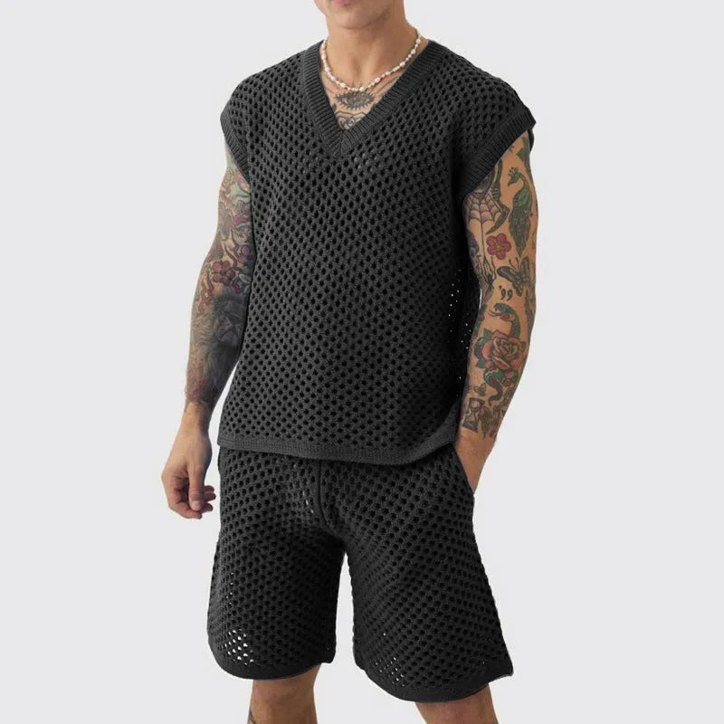 Men's blue cotton knitted sleeveless vest and matching shorts set for summer sports.