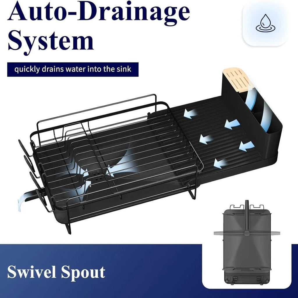 Foldable carbon steel kitchen dish rack holding cutlery, knives, forks and cups.