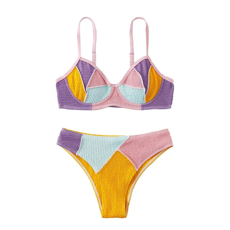Ladies steel bracket push up bikini set in splicing colour with matching shorts