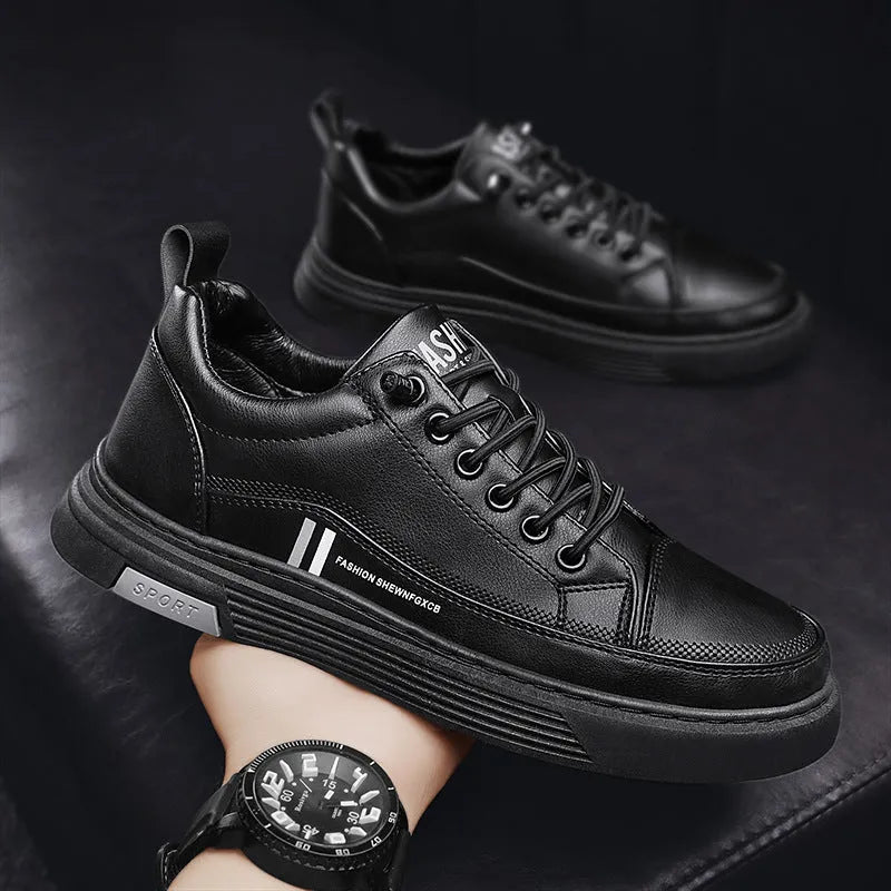 Men's white and black microfiber skate shoes with elastic band and rubber sole