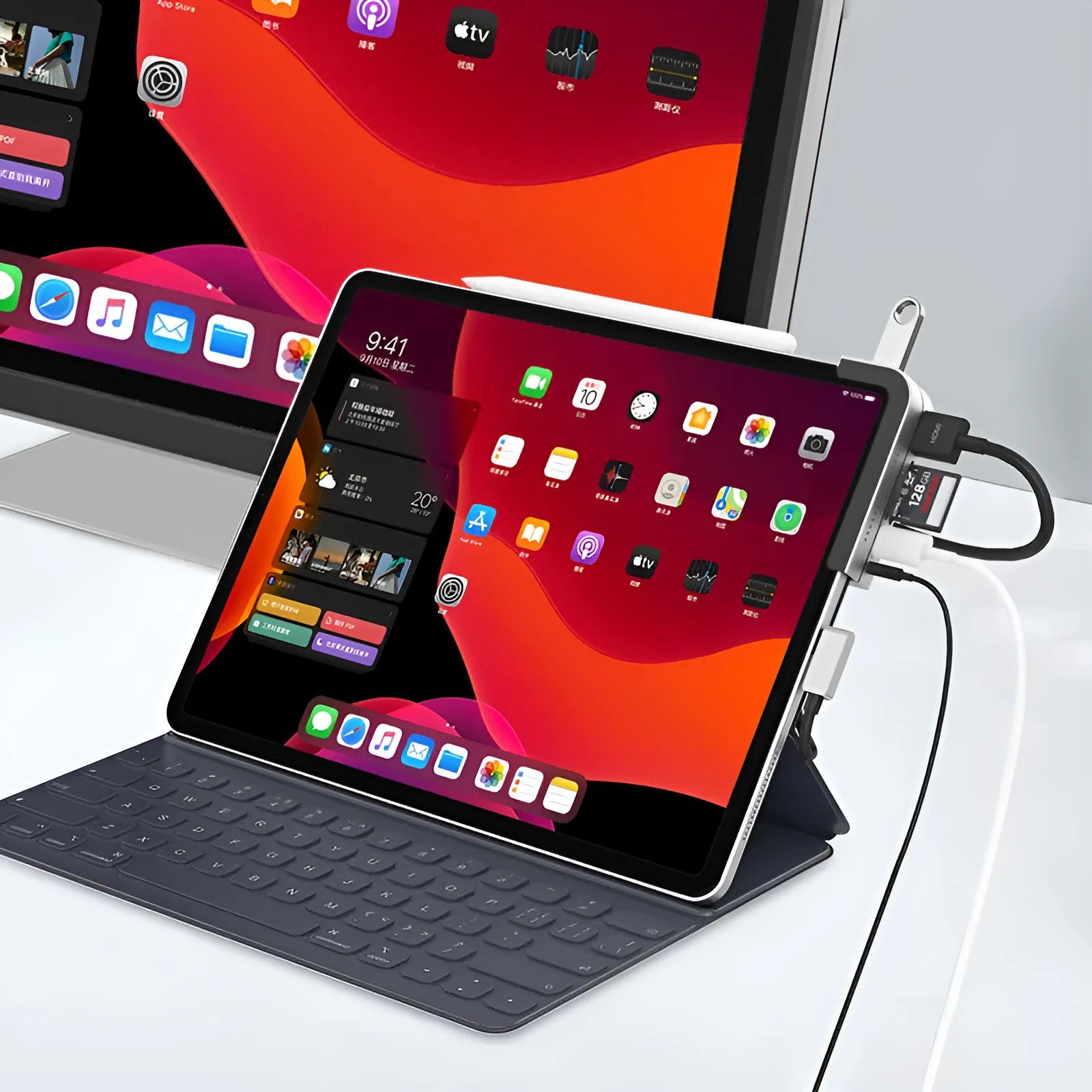 Silver aluminium grey USB-C 6-in-1 docking station for iPad Pro models with multiple ports.