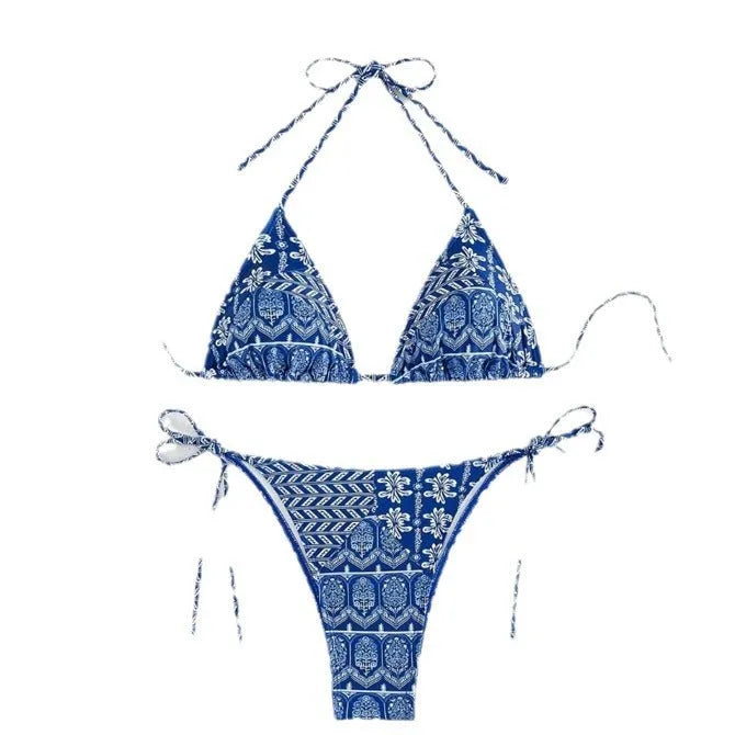 Women's split bandage bikini swimsuit with printed stitching details in various colours