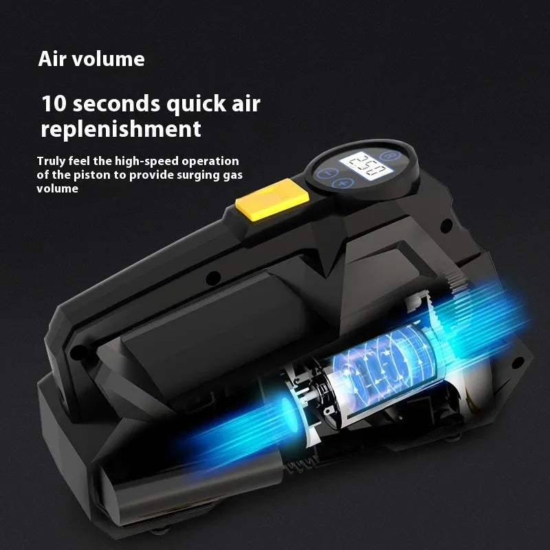 Black vehicle-mounted tyre inflator with digital display and LED lighting