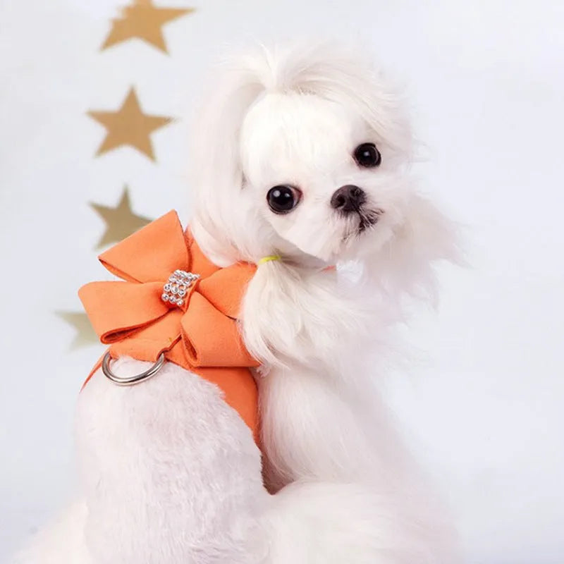 Cute bowknot puppy chest strap harness in microfiber available in pink, blue, orange colours