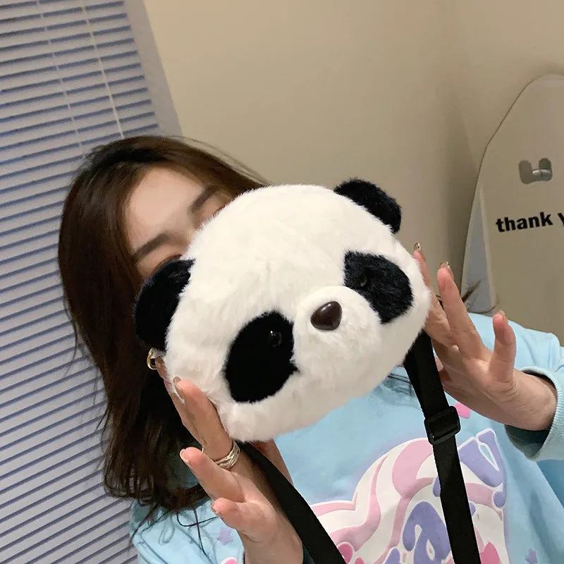 Plush panda head crossbody shoulder bag with cylindrical shape and sandwich pocket