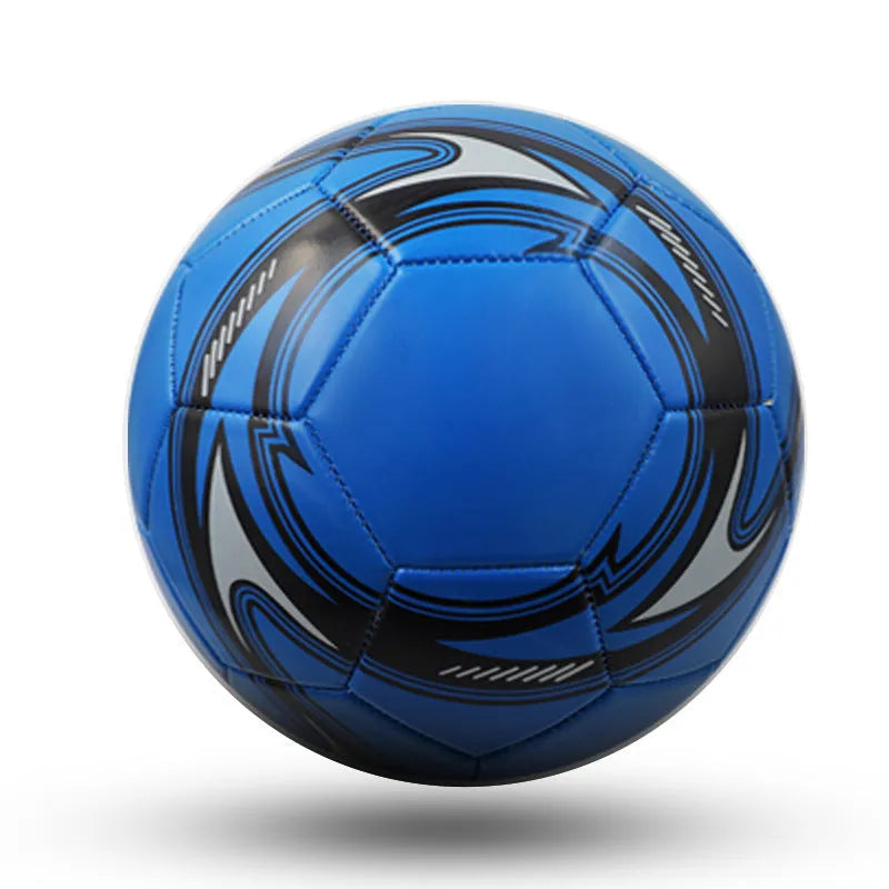 Machine-sewn PVC football in sizes 3, 4, and 5 shown in various colour patterns including red dragon roll and tornado blue.