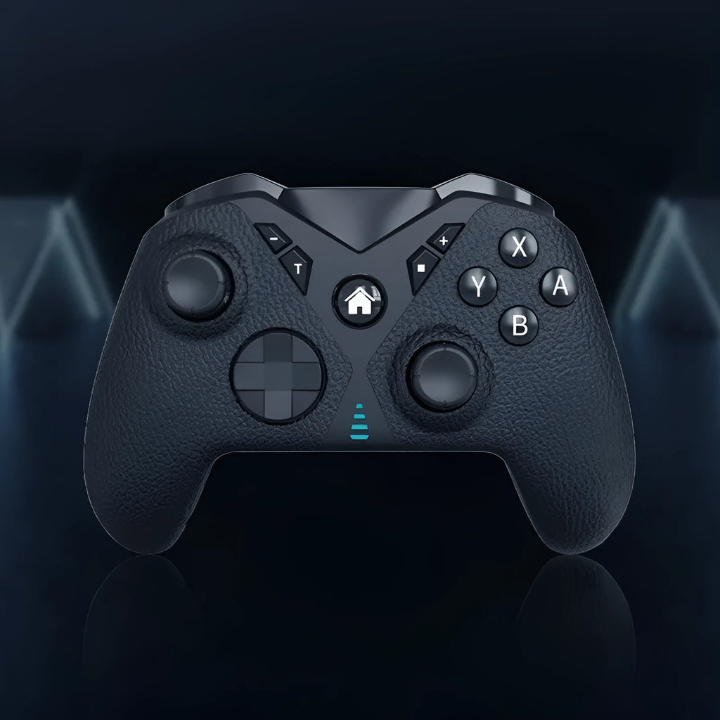Black wireless game controller with leather pattern grip for Nintendo computer and mobile phone gaming