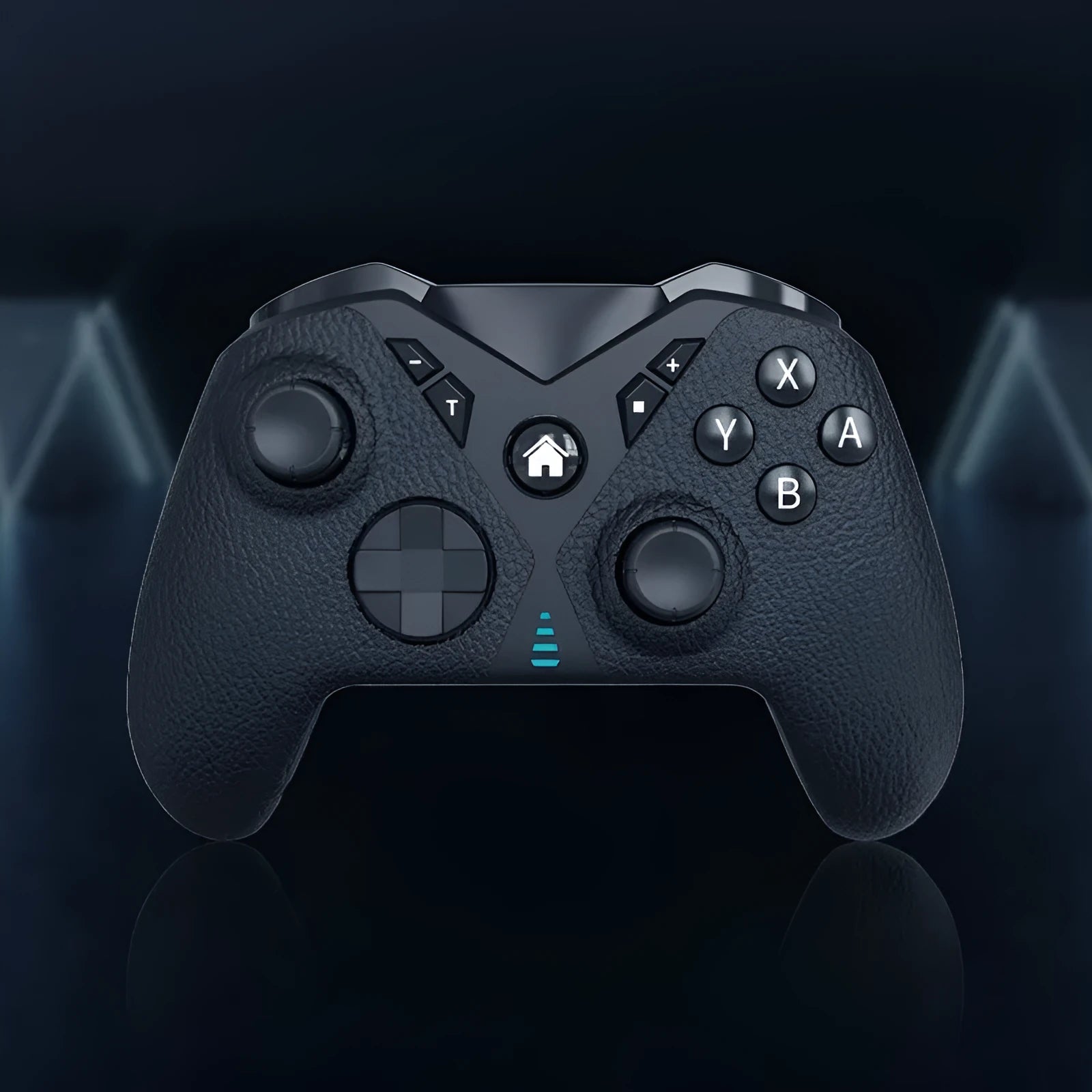 Black wireless game controller with leather pattern grip for Nintendo computer and mobile phone gaming