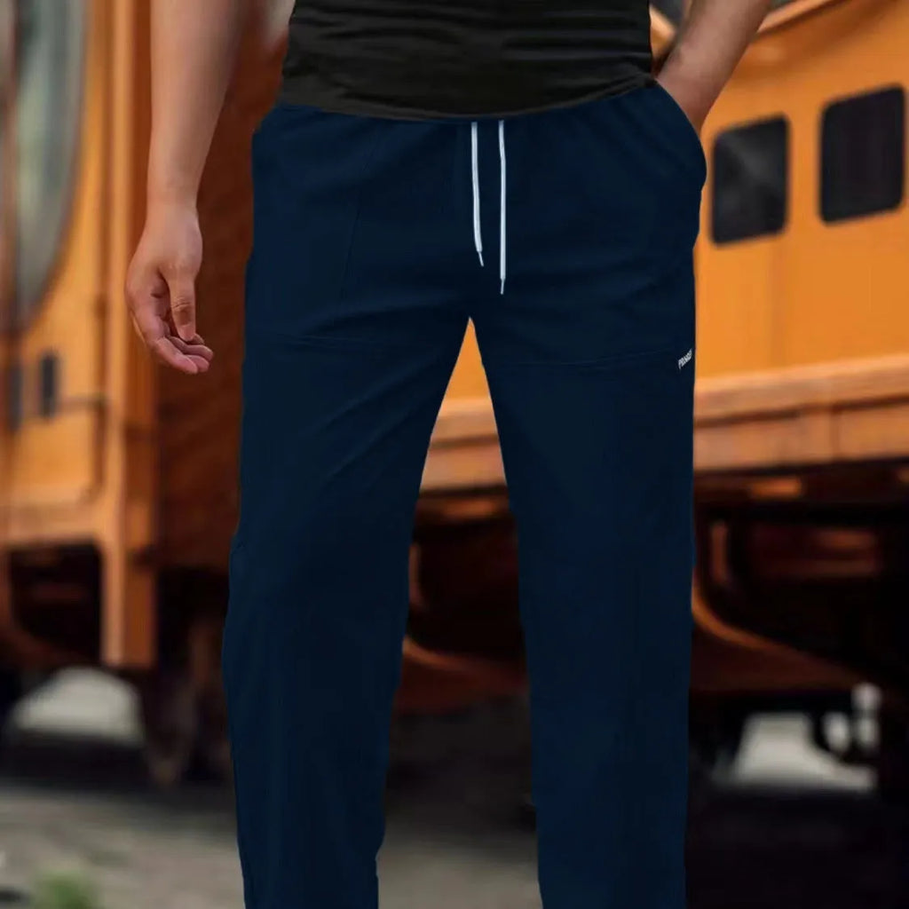 Men's light grey polyester trousers for spring and autumn casual wear, shown in Asian sizing.