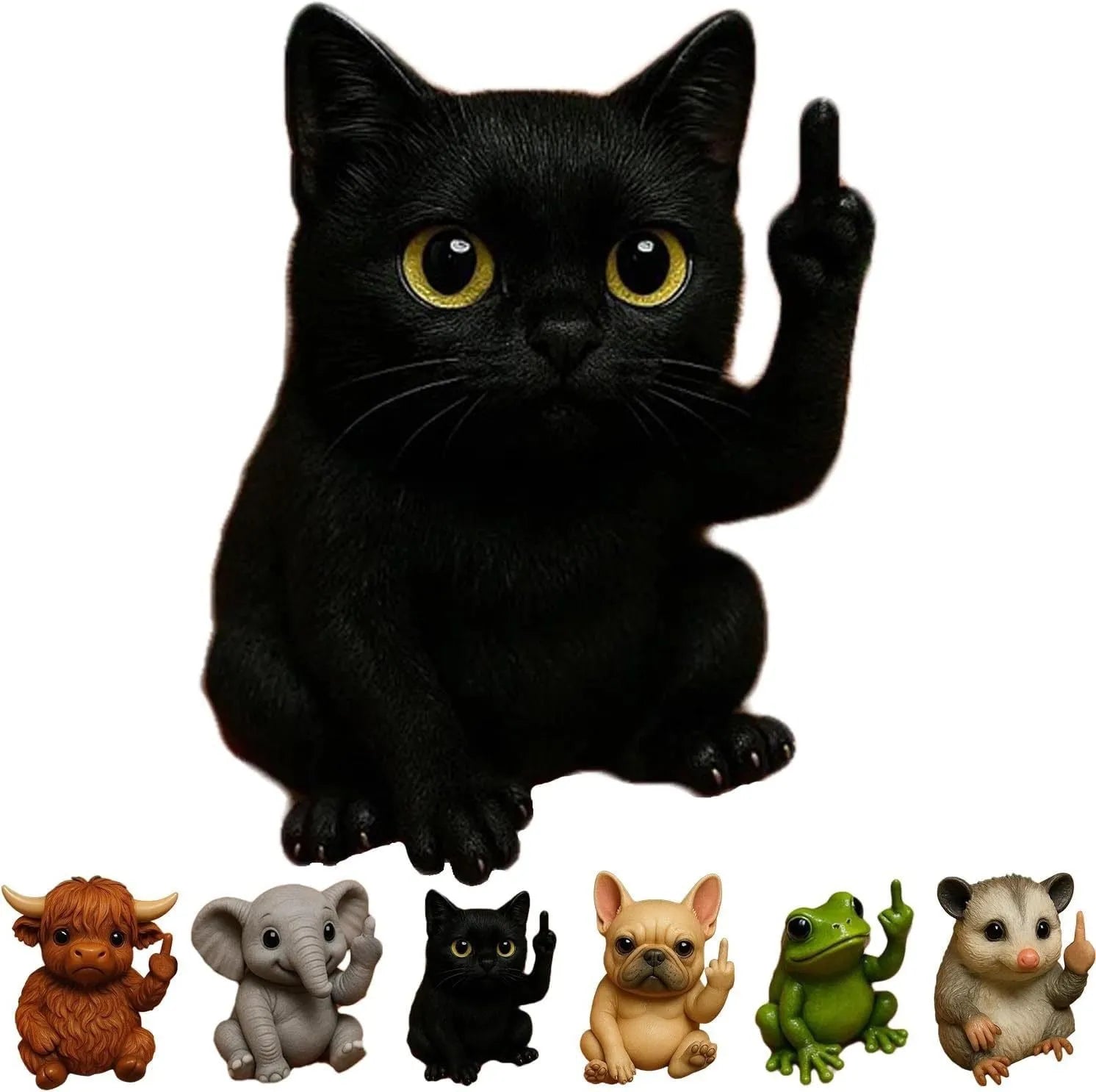 Miniature resin animal doll making a middle finger gesture, available in seven animal styles including cat and dog.