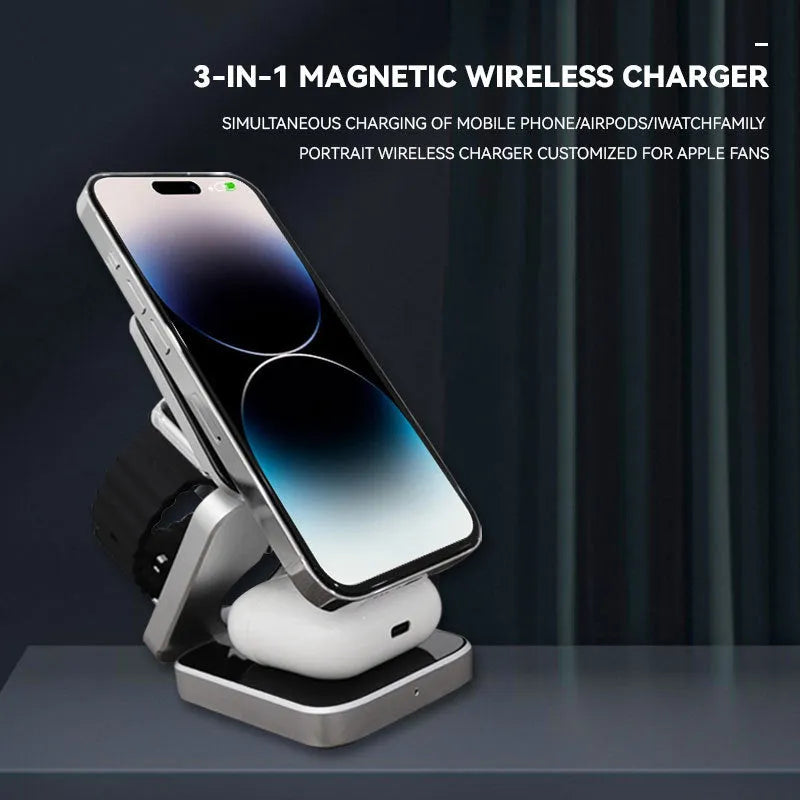 Foldable three-in-one desktop wireless charging stand for Apple iPhone and Samsung Galaxy phone.