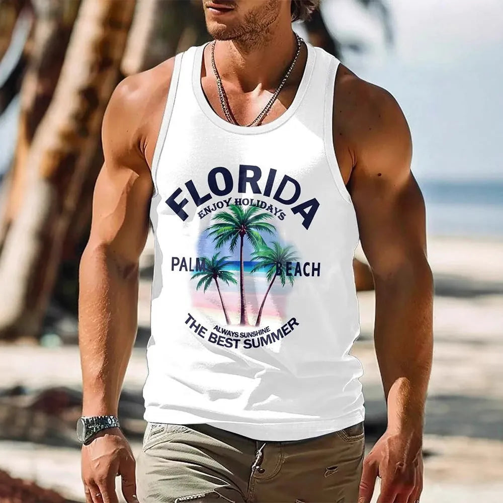 3D printed men's sleeveless vest in solid color Hawaiian style made of pinhole cloth fabric