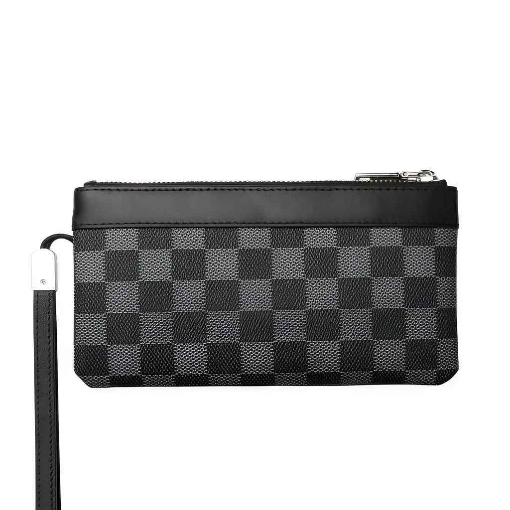 Black men's cowhide leather clutch wallet showing plaid design and 20 x 10 cm dimensions