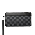 Black men's cowhide leather clutch wallet showing plaid design and 20 x 10 cm dimensions