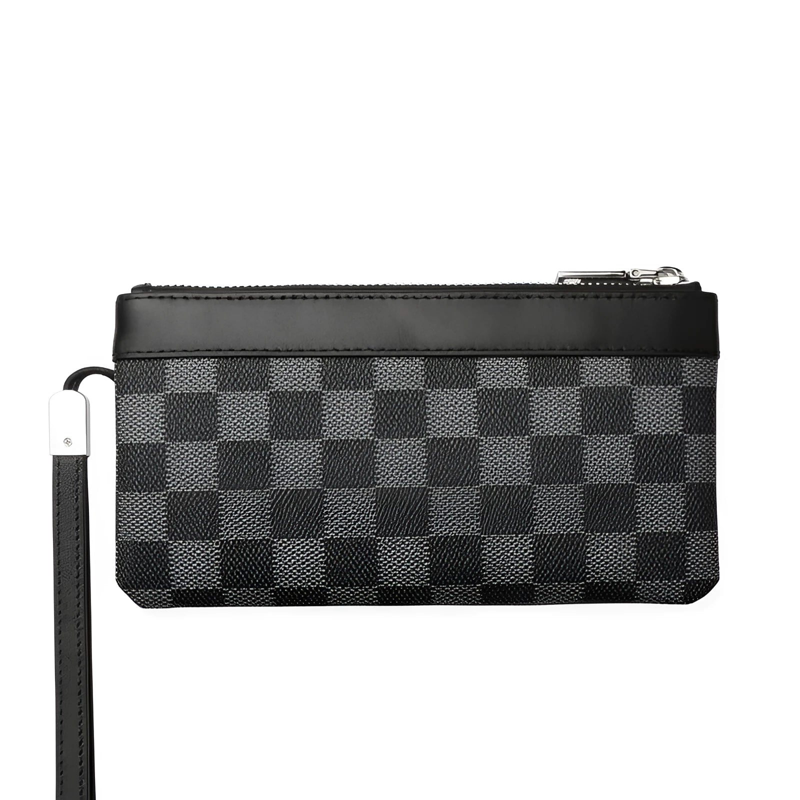 Black men's cowhide leather clutch wallet showing plaid design and 20 x 10 cm dimensions