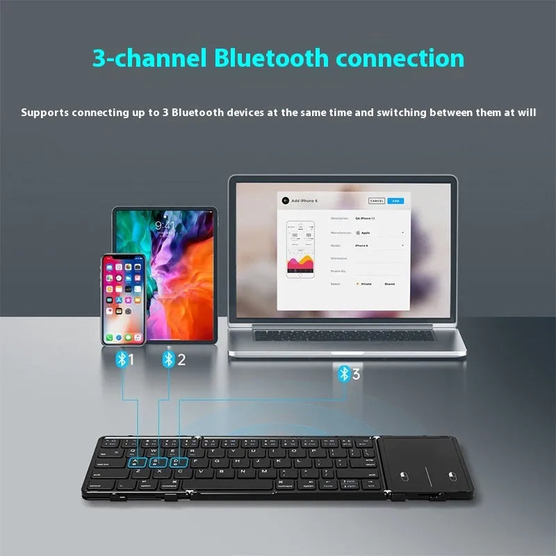 Black folding Bluetooth keyboard with touchpad unfolded showing full keyboard and touchpad surface