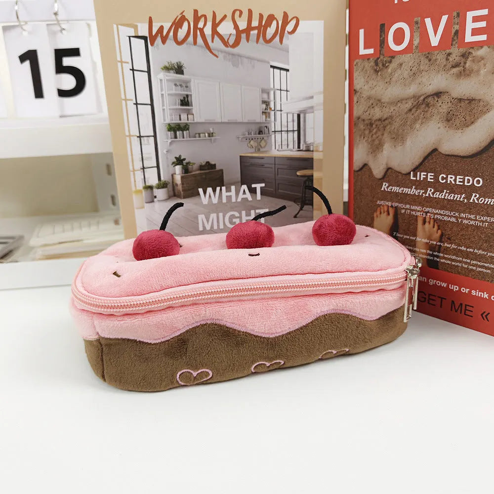 Cherry Cake pattern velvet pencil bag with zip closure in Korean style
