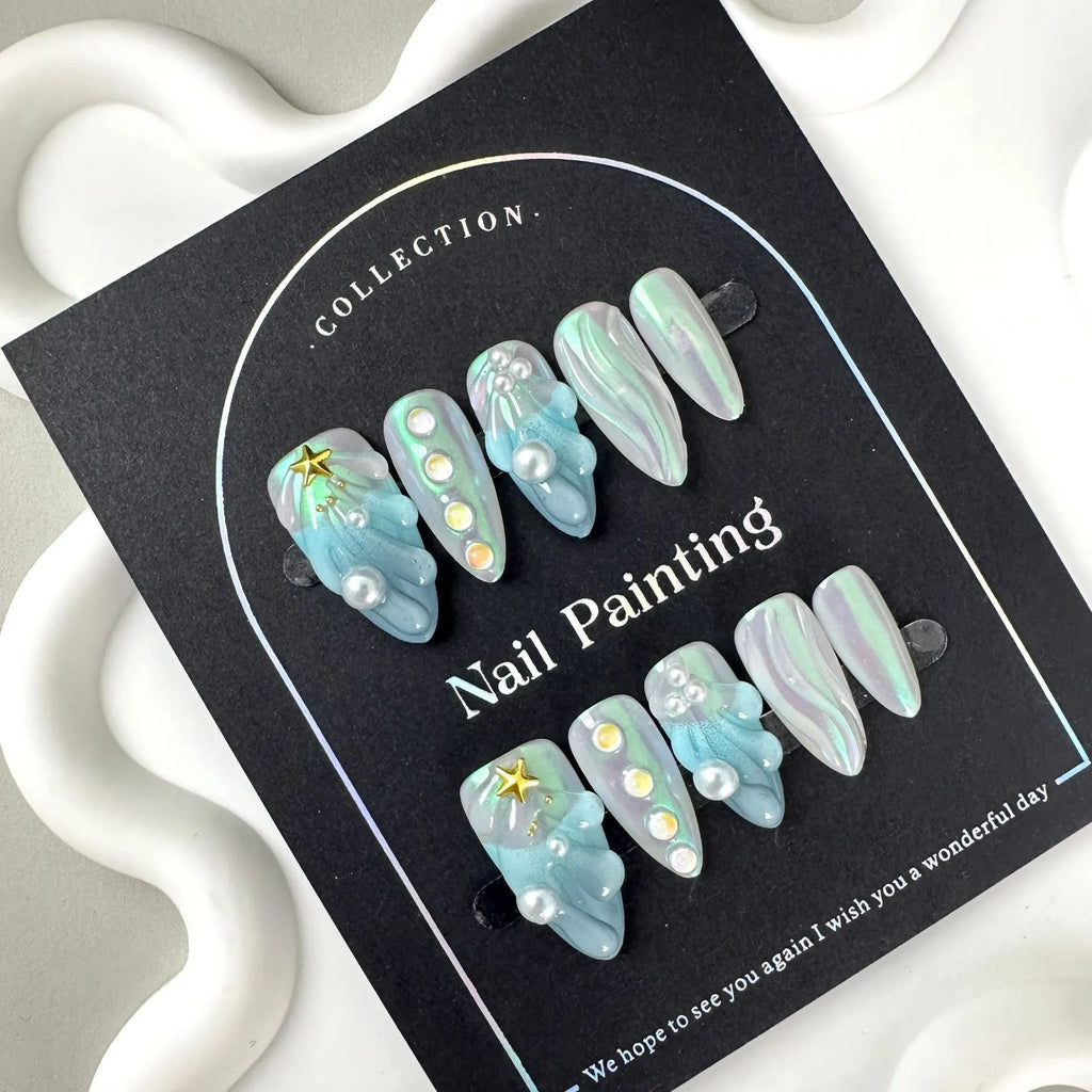 Hailang blue shell design artificial nail tips showing texture and four size options