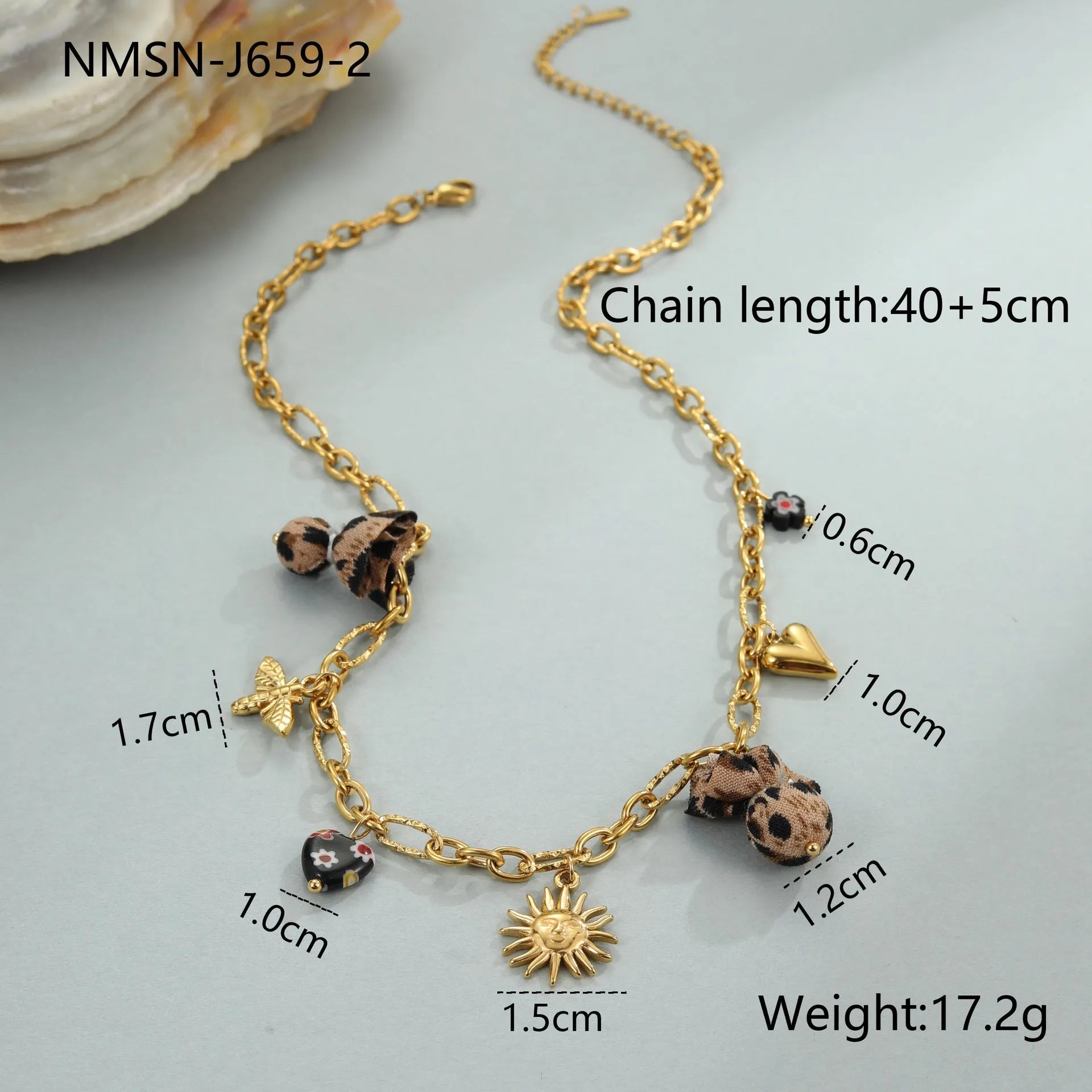 Stainless steel necklace with leopard, heart and flower pendant on adjustable 41-50cm chain