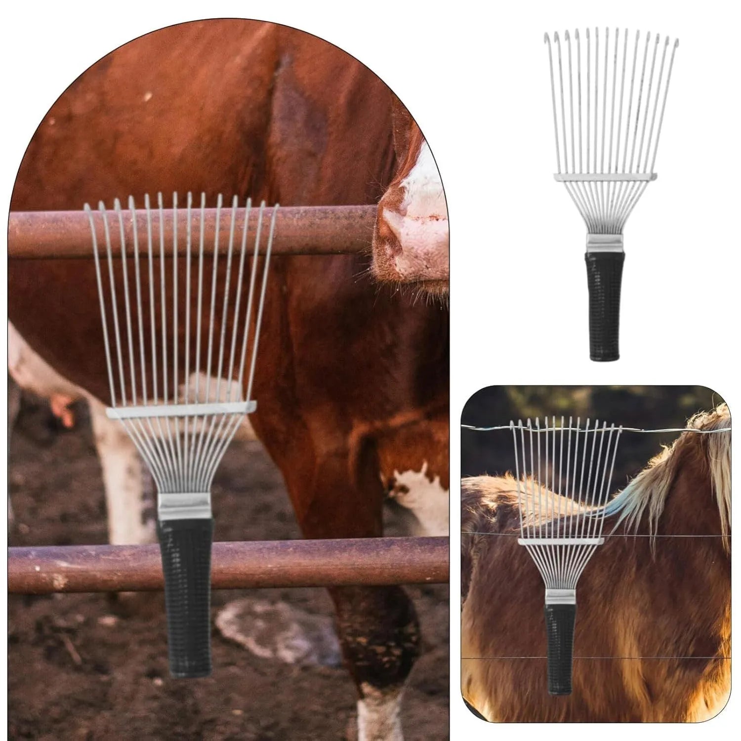 Stainless steel pet grooming rake comb for horses and dogs, 33 cm long with curved teeth.
