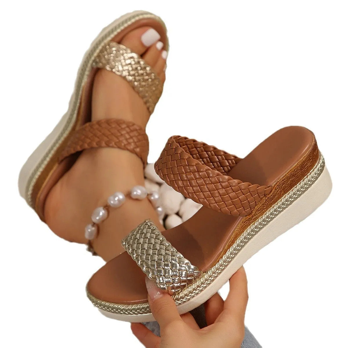Women's gold wedge sandals with adjustable back strap and rubber sole for plus size feet