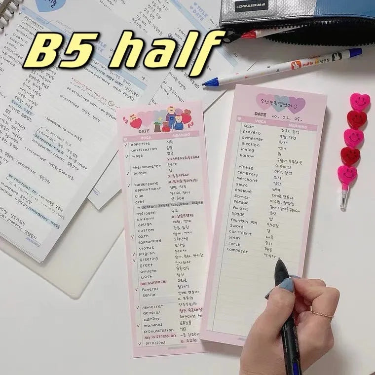 B5 half-size vertical notepad with 30 sheets and double-sided printing for English vocabulary learning