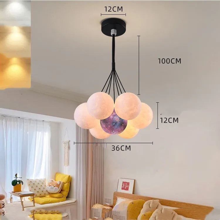 Nordic moon bubble LED chandelier with iron frame and PMMA lampshade in gold or black finish