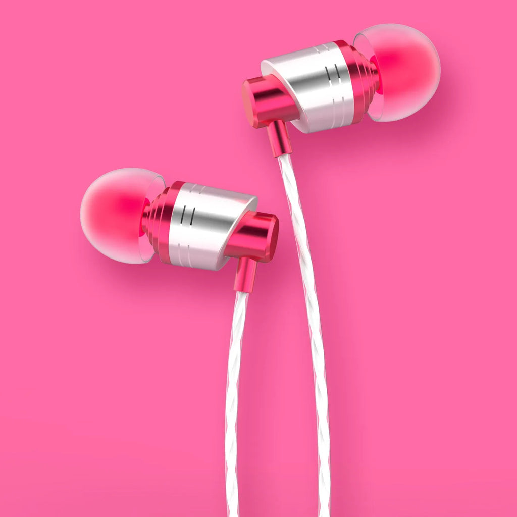 Black wired in-ear headphones with a 3.5mm plug, built-in microphone on the cable, and silicone earpieces.