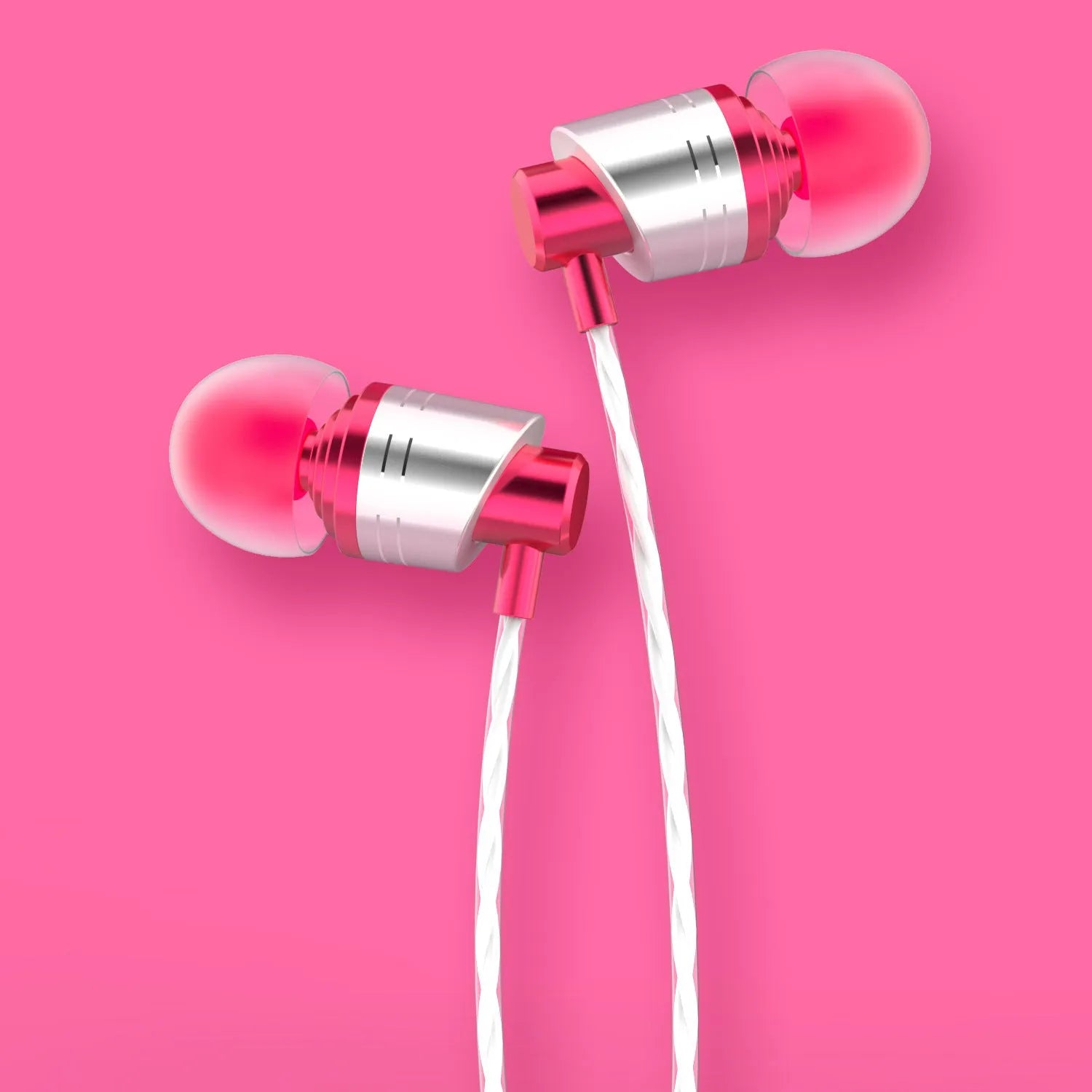 Black wired in-ear headphones with a 3.5mm plug, built-in microphone on the cable, and silicone earpieces.