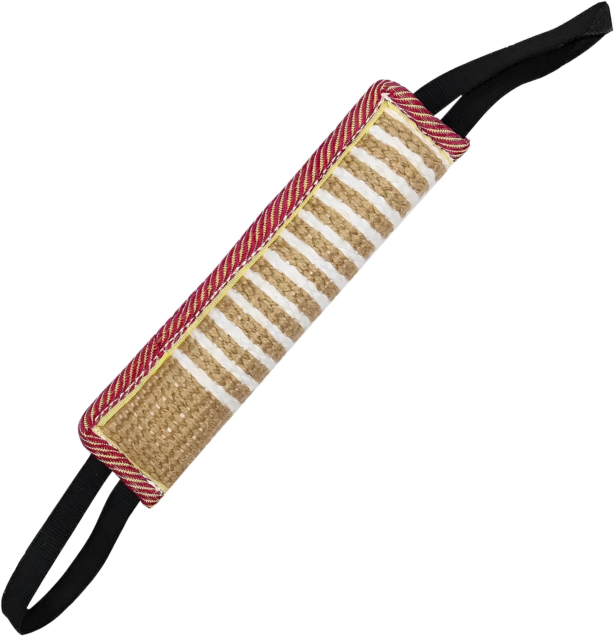 Beige jute dog tug toy with two handles showing double stitching along biting sleeve