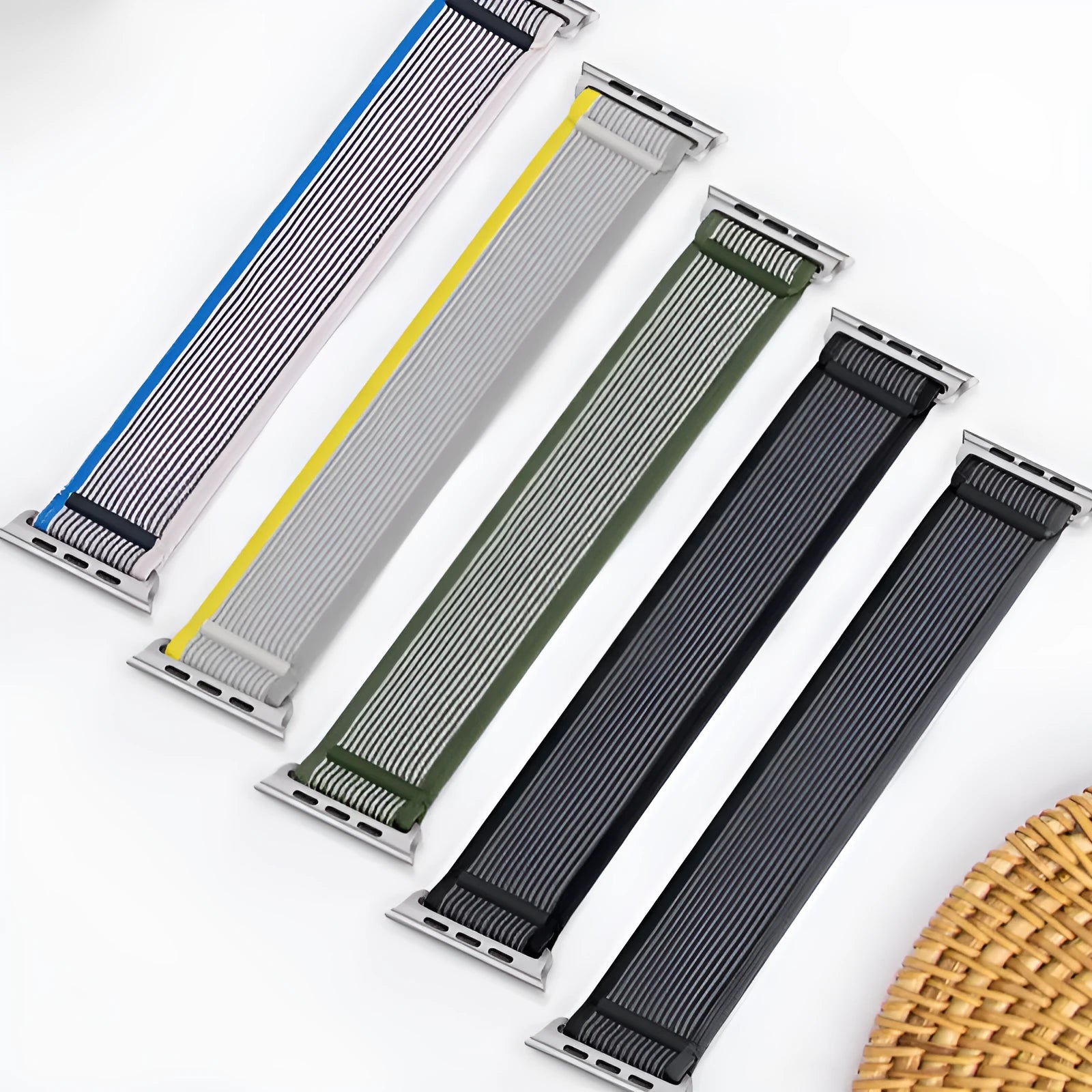 Black nylon Apple Watch band with integrated ring closure on a 44mm watch case.