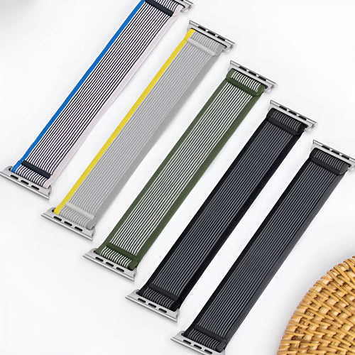 Black nylon Apple Watch band with integrated ring closure on a 44mm watch case.
