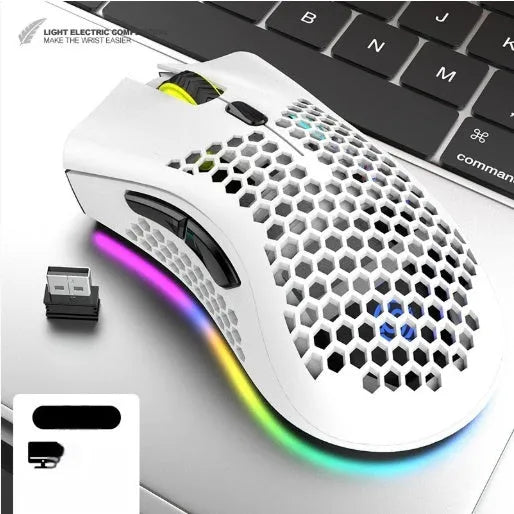 BM600 hollow out design wireless gaming mouse with luminous charging in black, cyan, and white colour options.