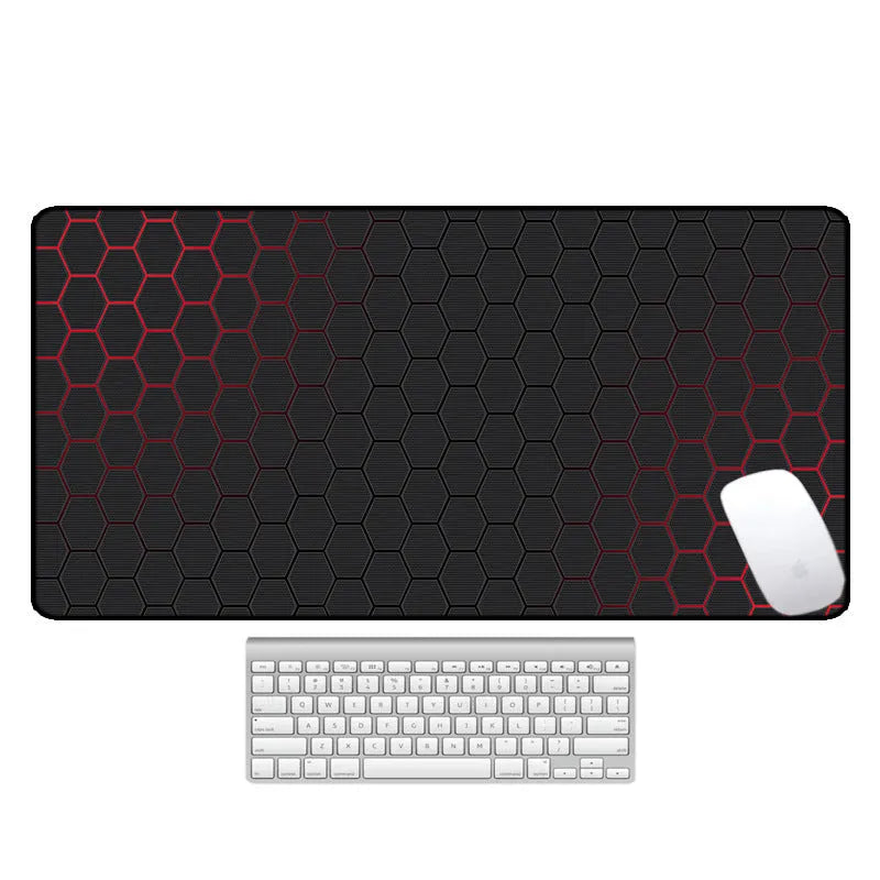Large rectangular desk pad with printed pattern, natural rubber non-slip base, for computer mouse and keyboard.