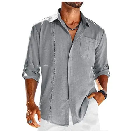 Men's grey long sleeve casual shirt with a polo collar and a white lace detail on the chest pocket.