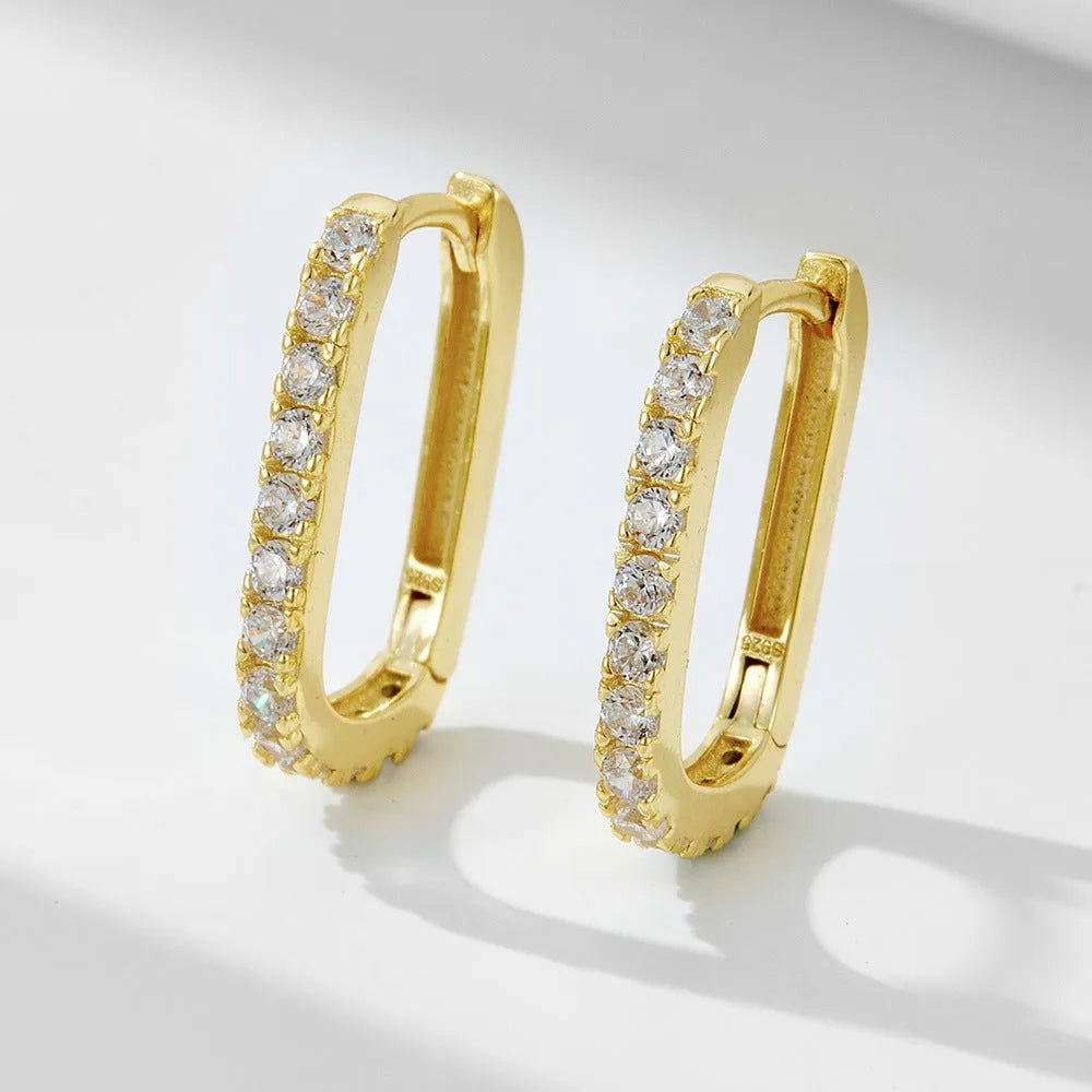 Sterling silver oval zircon ear clip earrings with geometric design in white or yellow colour
