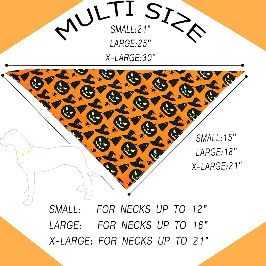 Reversible Halloween dog bandana showing pumpkin and spider web designs in black and orange colours with adjustable neck closure