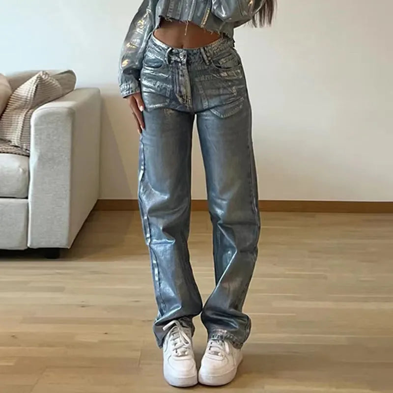 Personality blue high-waist straight-leg jeans with contrast colour details on cotton denim fabric