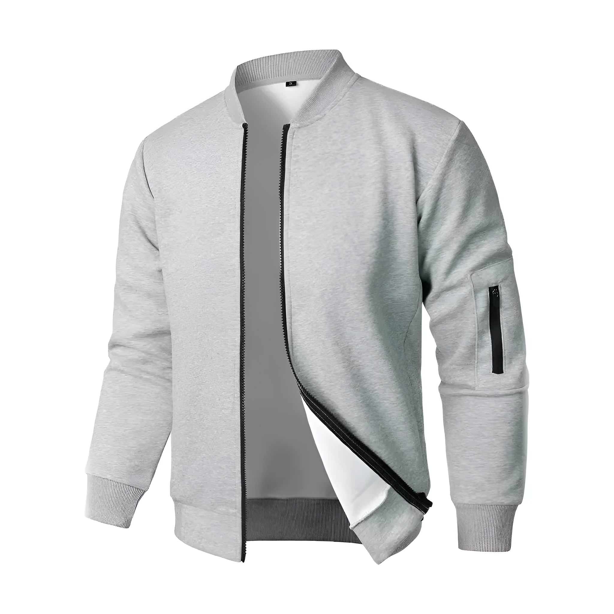 Men's loose fit long sleeve knitted jacket in cotton, shown in black, blue, or grey.