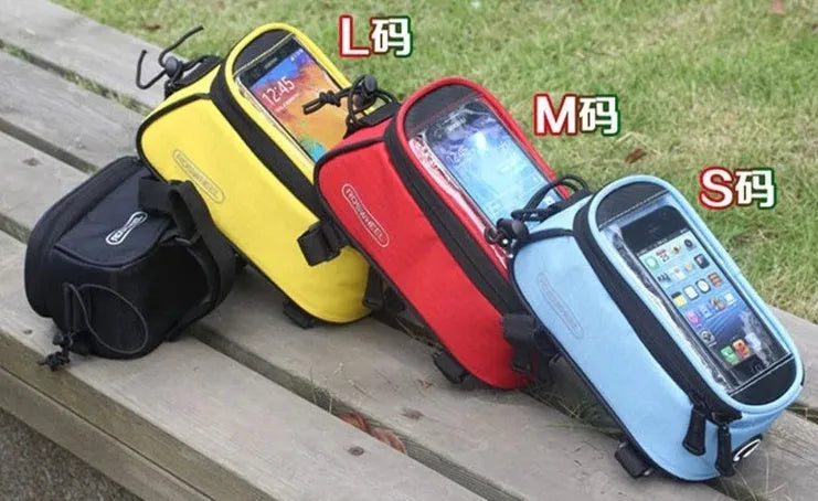 Bicycle frame bag with universal smartphone holder in multiple colours mounted on bicycle handlebars