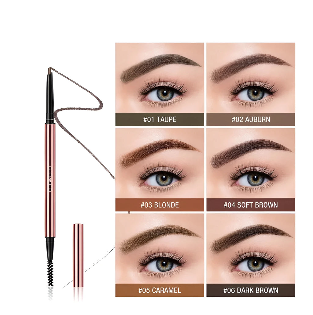 Eyebrow pencil in colour box showing six shade options: Auburn, Blonde, Caramel, Dark Brown, Soft Brown, and Taupe.