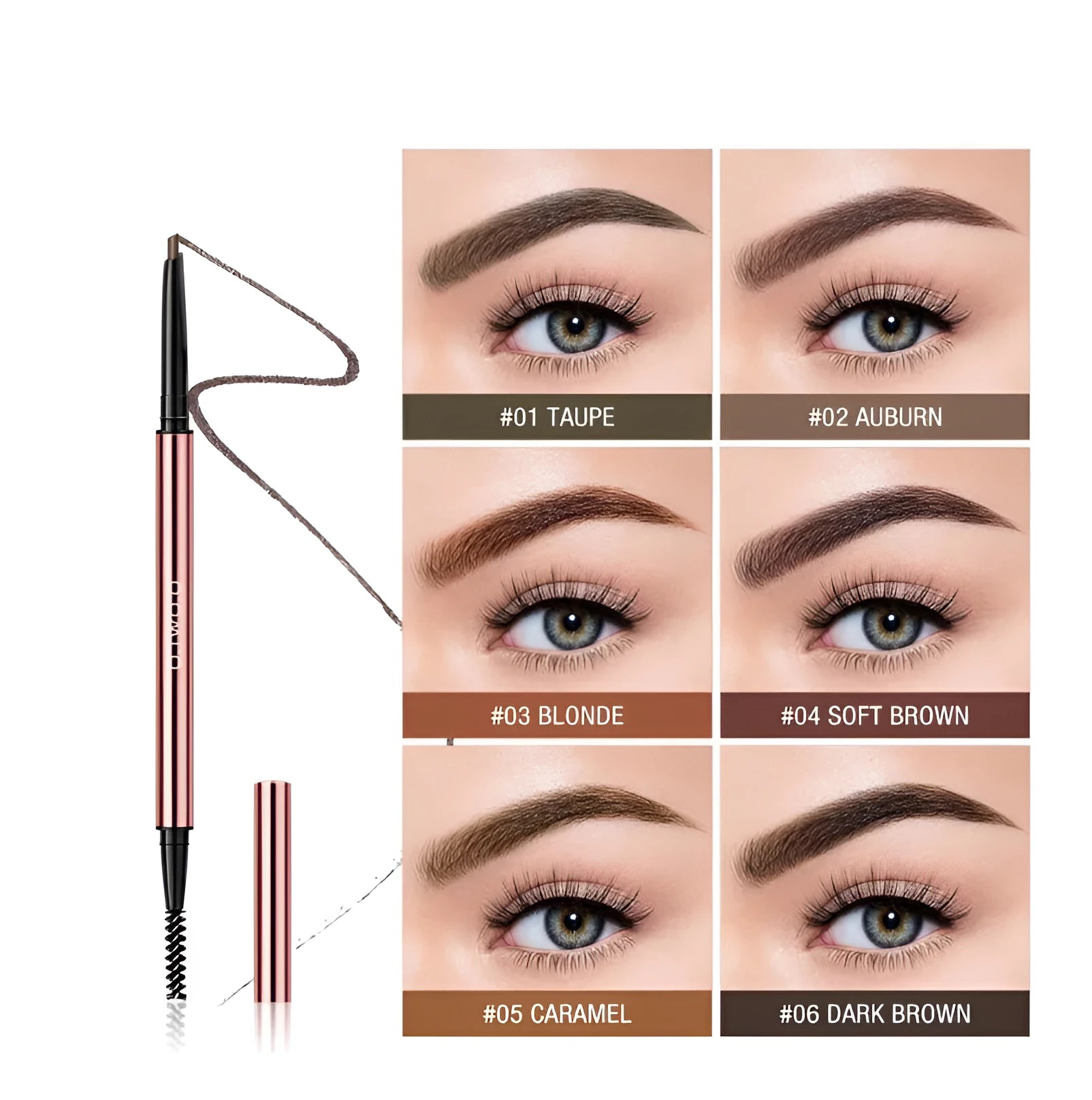 Eyebrow pencil in colour box showing six shade options: Auburn, Blonde, Caramel, Dark Brown, Soft Brown, and Taupe.