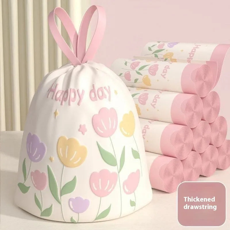 Pink degradable drawstring bin bags with argy wormwood mosquito repellent properties measuring 44cm by 48cm