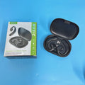 Black ear-mounted Bluetooth headset with digital display screen showing battery status