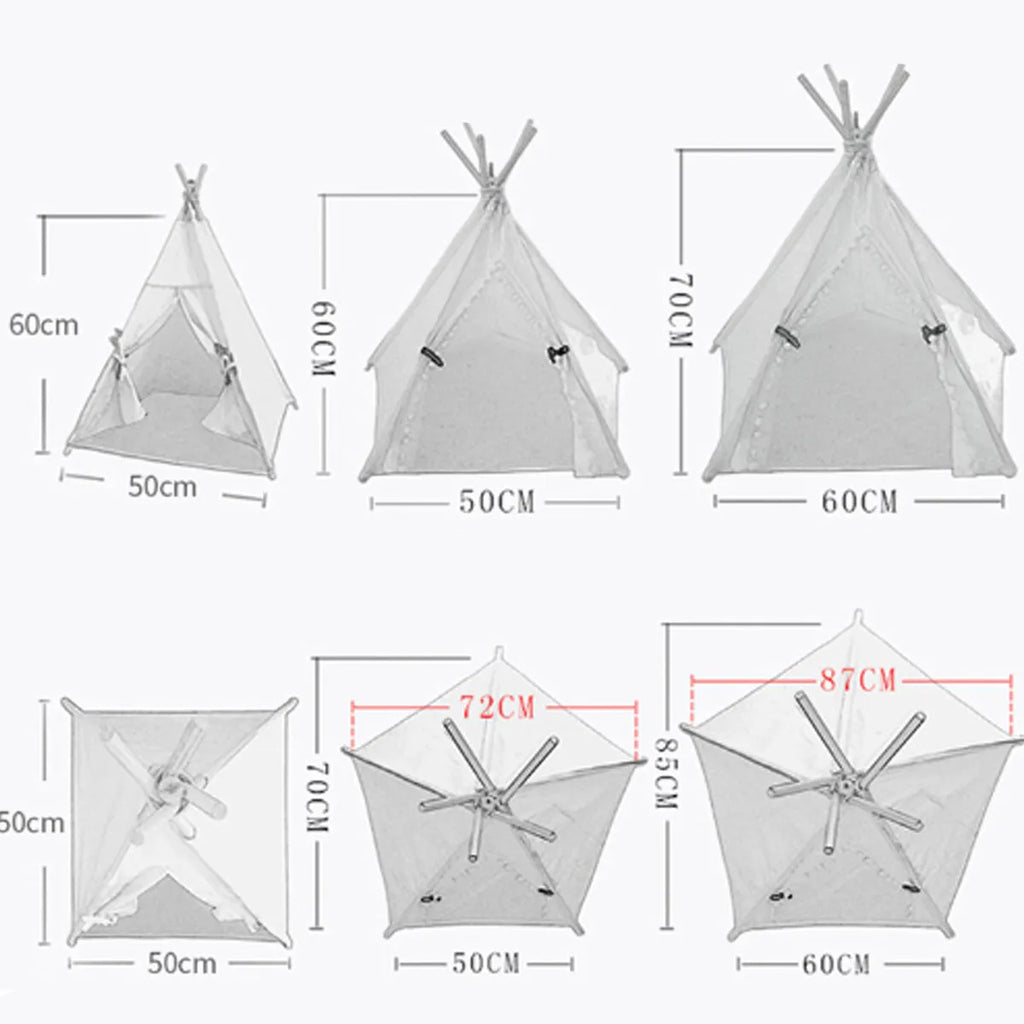 White flax and linen pet teepee tent with striped cushion inside, for small dogs or cats.