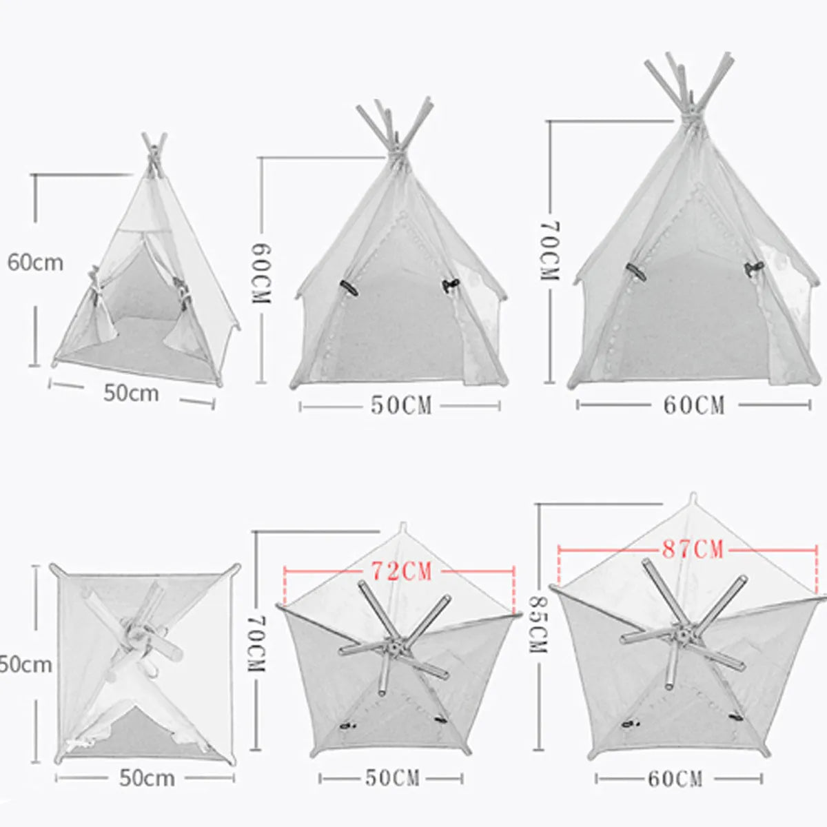White flax and linen pet teepee tent with striped cushion inside, for small dogs or cats.