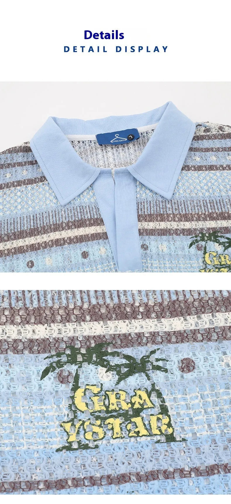 Man wearing a blue loose-fit printed casual short sleeve shirt made from elastic polyester fabric.