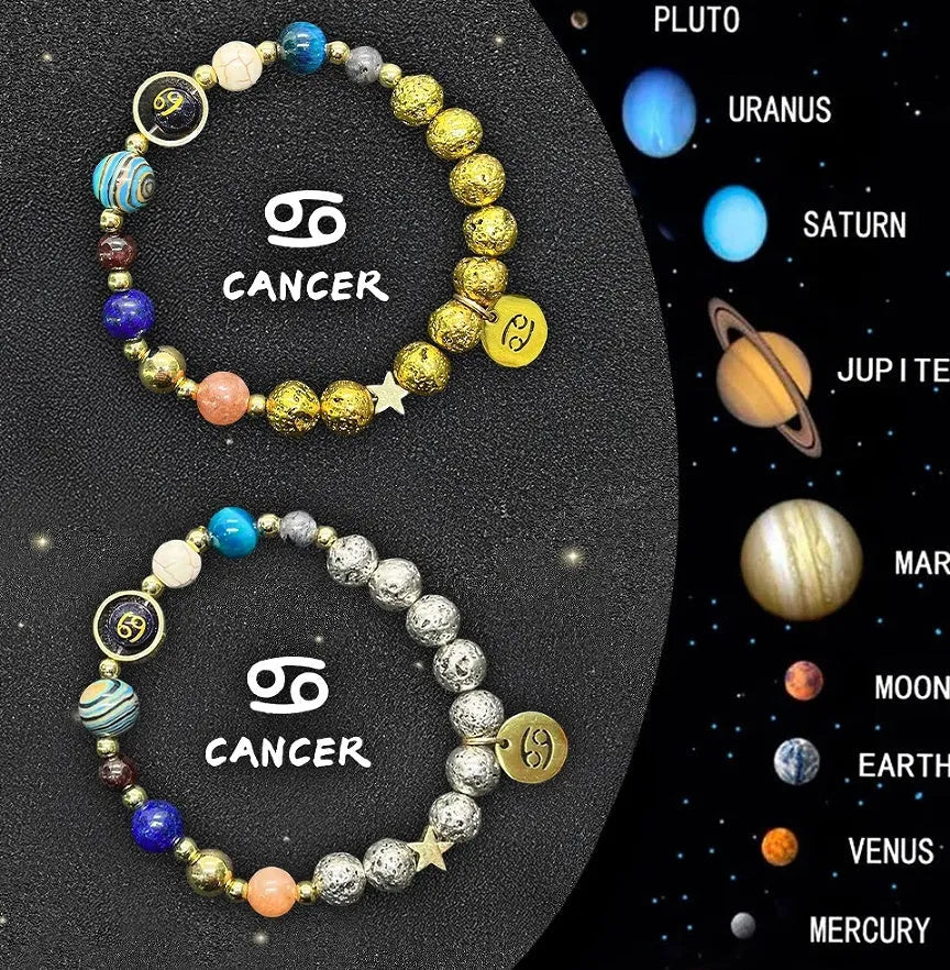 Two natural stone beaded bracelets showing zodiac sign charms on a wooden surface.